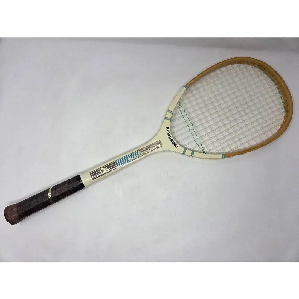 VINTAGE KAWASAKI SS-1100 TENNIS RACKET RACQUET CREAM BLUE WOODEN STANDARD 28"